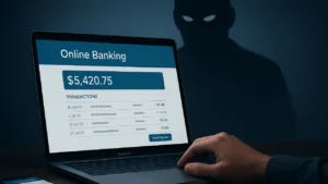 Osoba korzystająca z bankowości elektronicznej obserwowana w tle przez symboliczną postać reprezentującą nadzór fiskusa