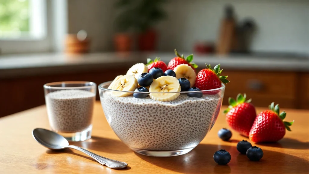 Nasiona chia namoczone w mleku z owocami na kuchennym stole